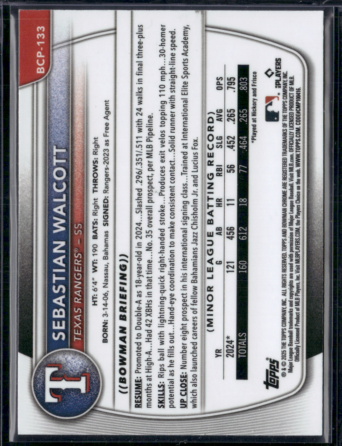 2025 Bowman SEBASTIAN WALCOTT #BCP-133 Chrome