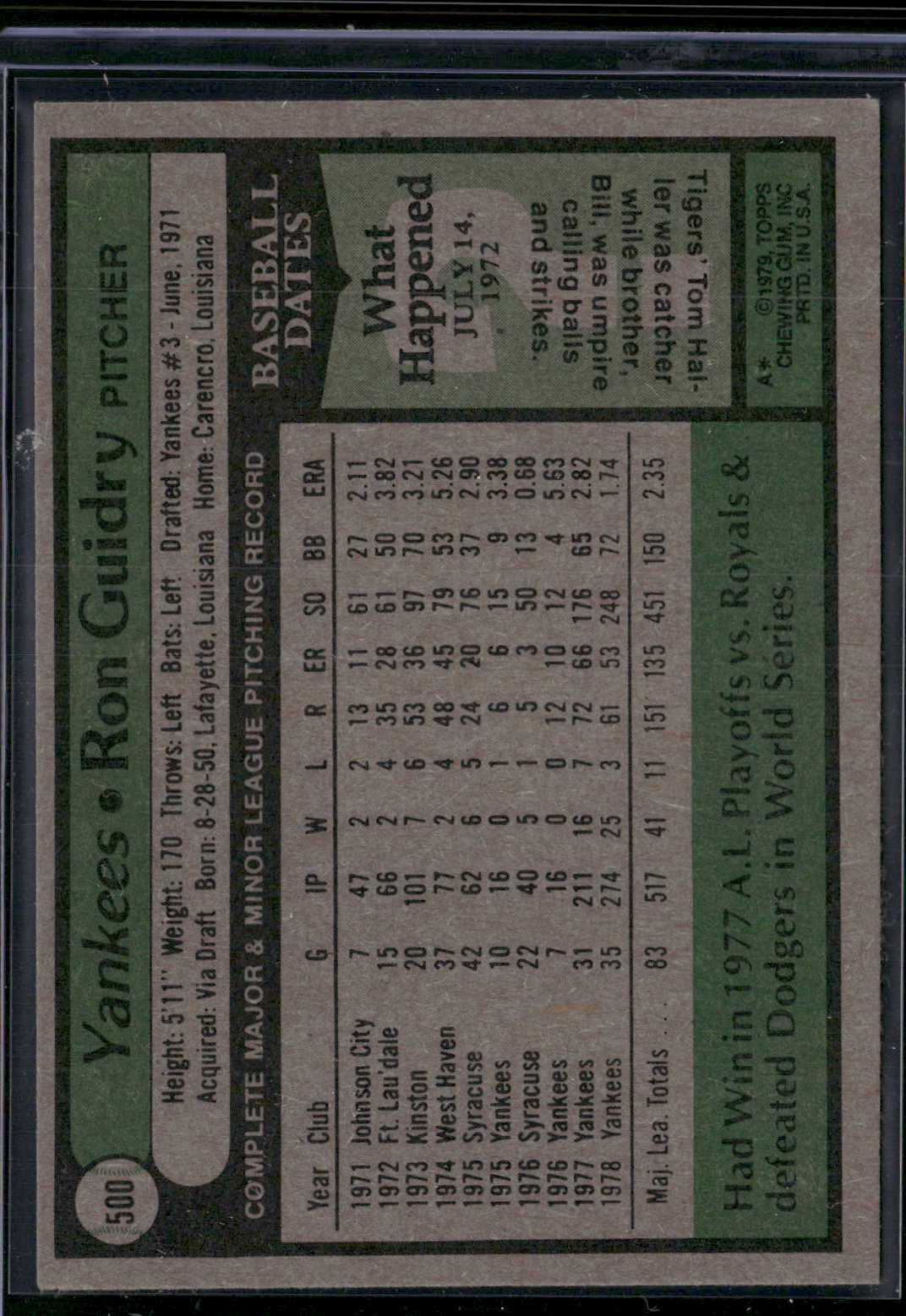 1979 Topps RON GUIDRY #500 (EX-EX/MT)