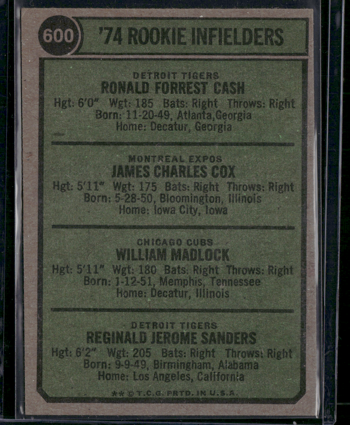 1974 Topps RON CASH/JIM COX/BILL MADLOCK/REGGIE SANDERS #600 74 RookieInfielders