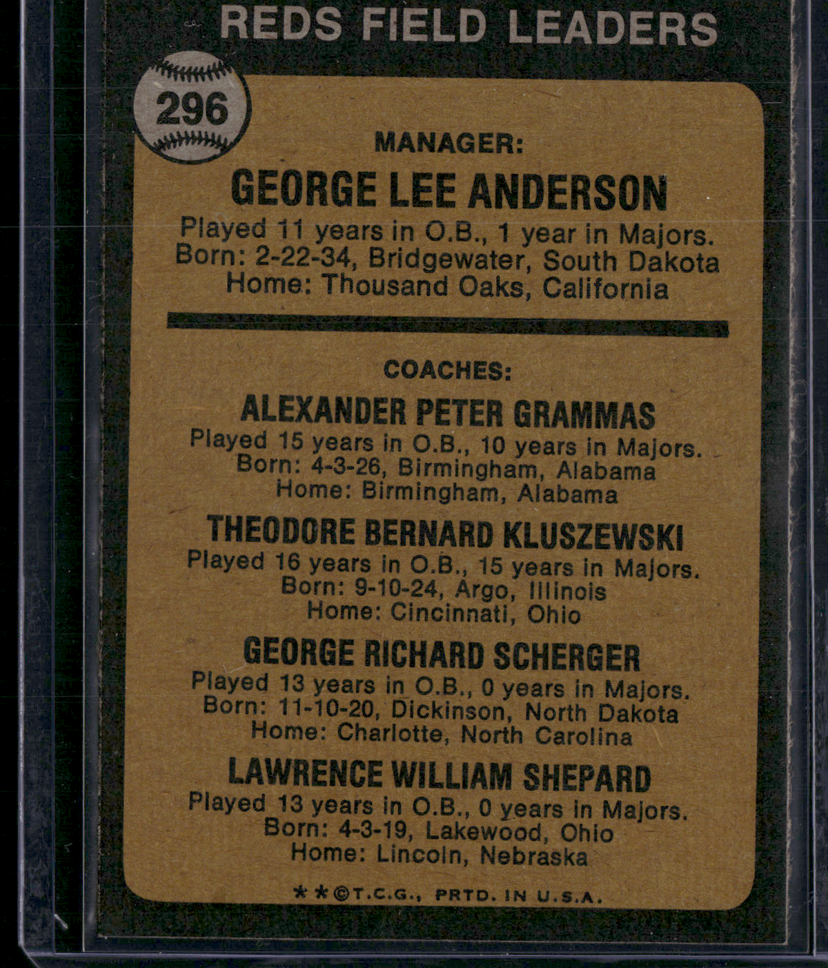1973 Topps SPARKY ANDERSON #296 (EX-EX/MT)