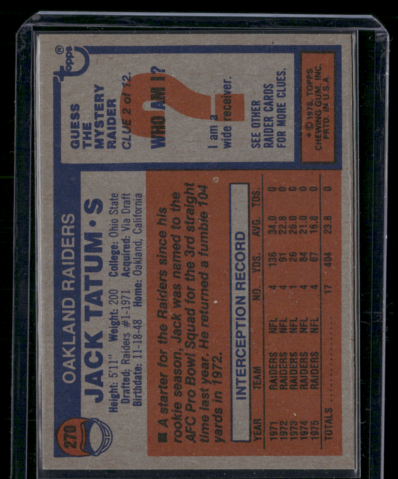 1976 Topps JACK TATUM #270 (EX-EX/MT)