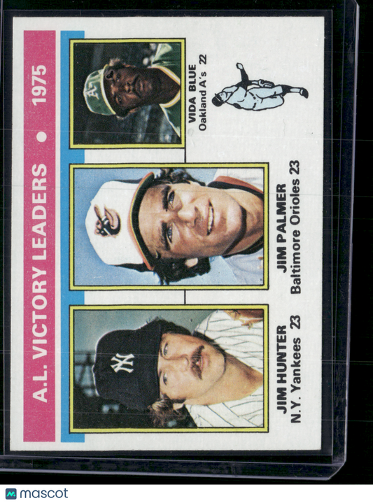1976 Topps JIM PALMER/JIM HUNTER/VIDA BLUE #200 1975 AL Victory Leaders (EX)