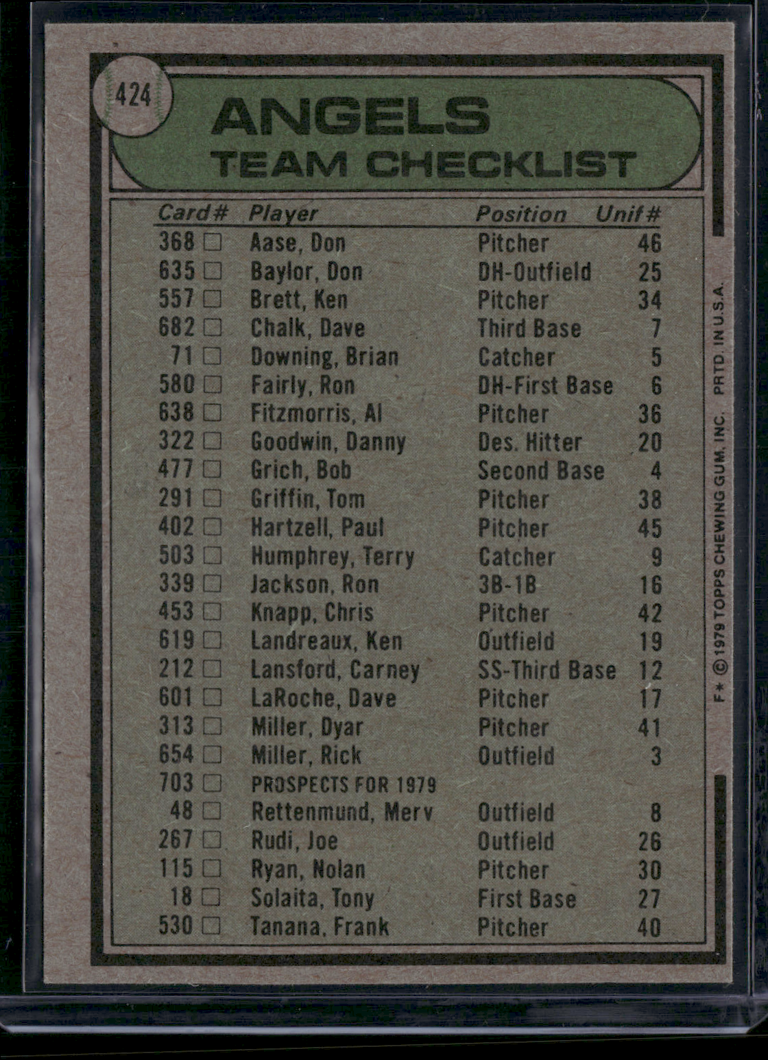 1979 Topps CALIFORNIA ANGELS #424 (EX-EX/MT)