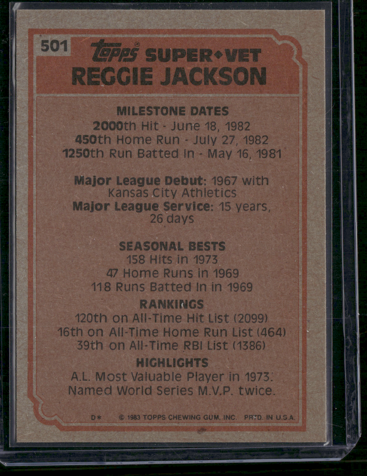 1983 Topps REGGIE JACKSON #501 Super Veteran (NM)
