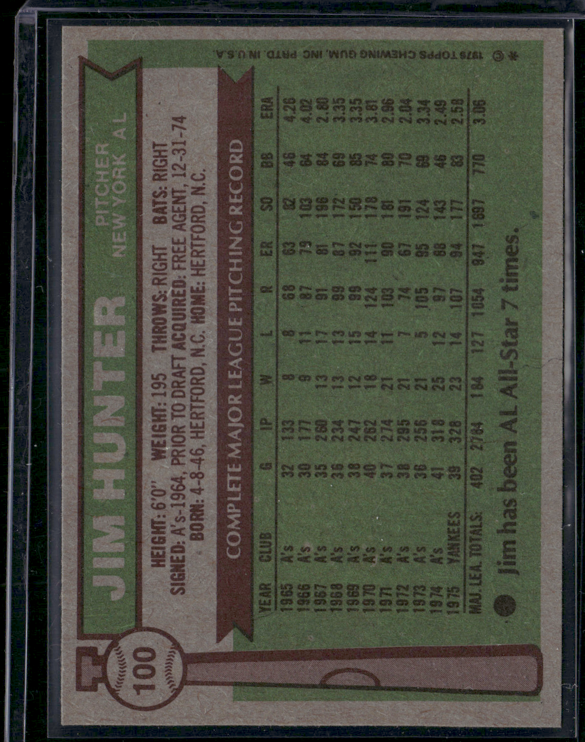 1976 Topps JIM "CATFISH" HUNTER #100 Grain Raise (EX)