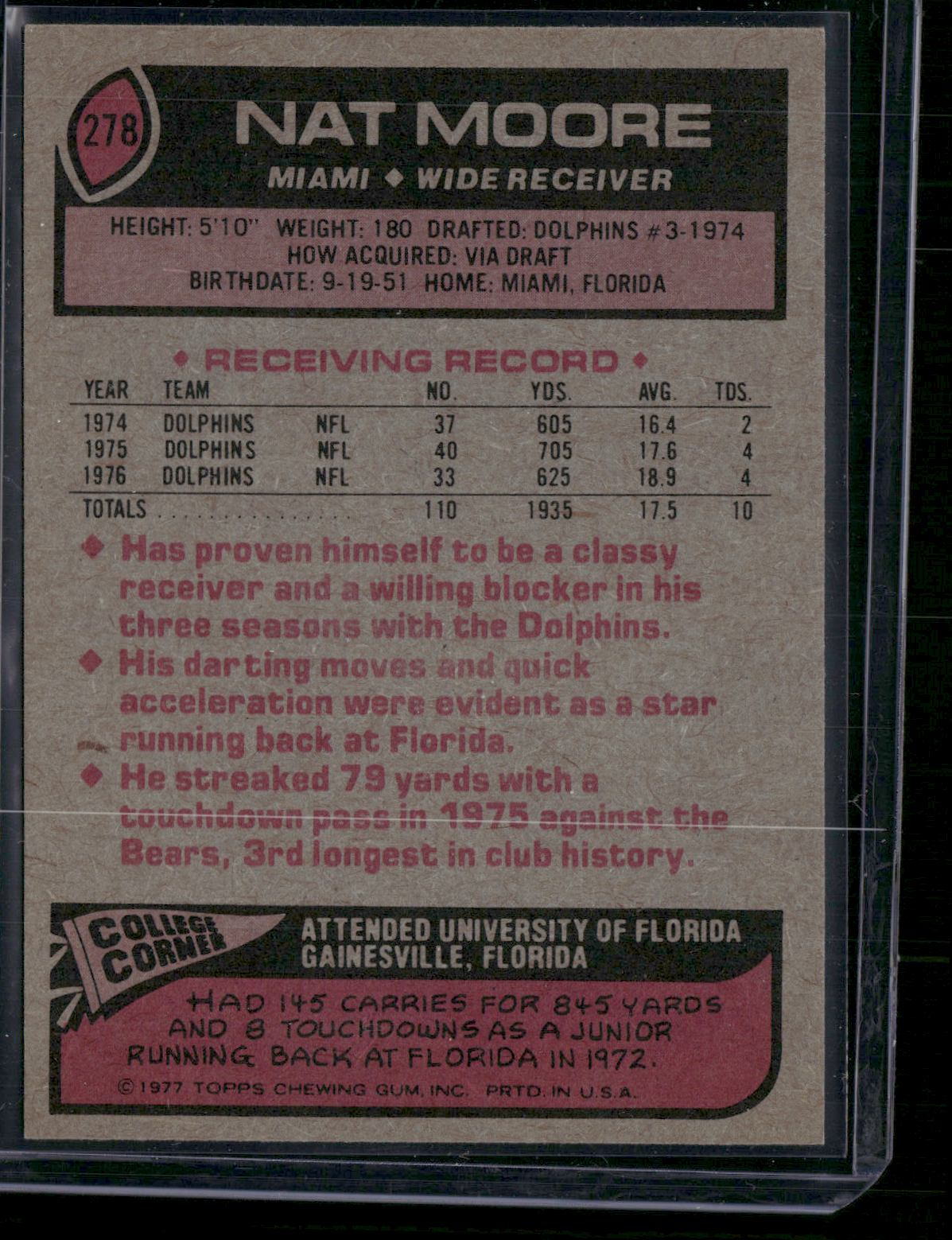 1977 Topps NAT MOORE #278 (EX-EX/MT)
