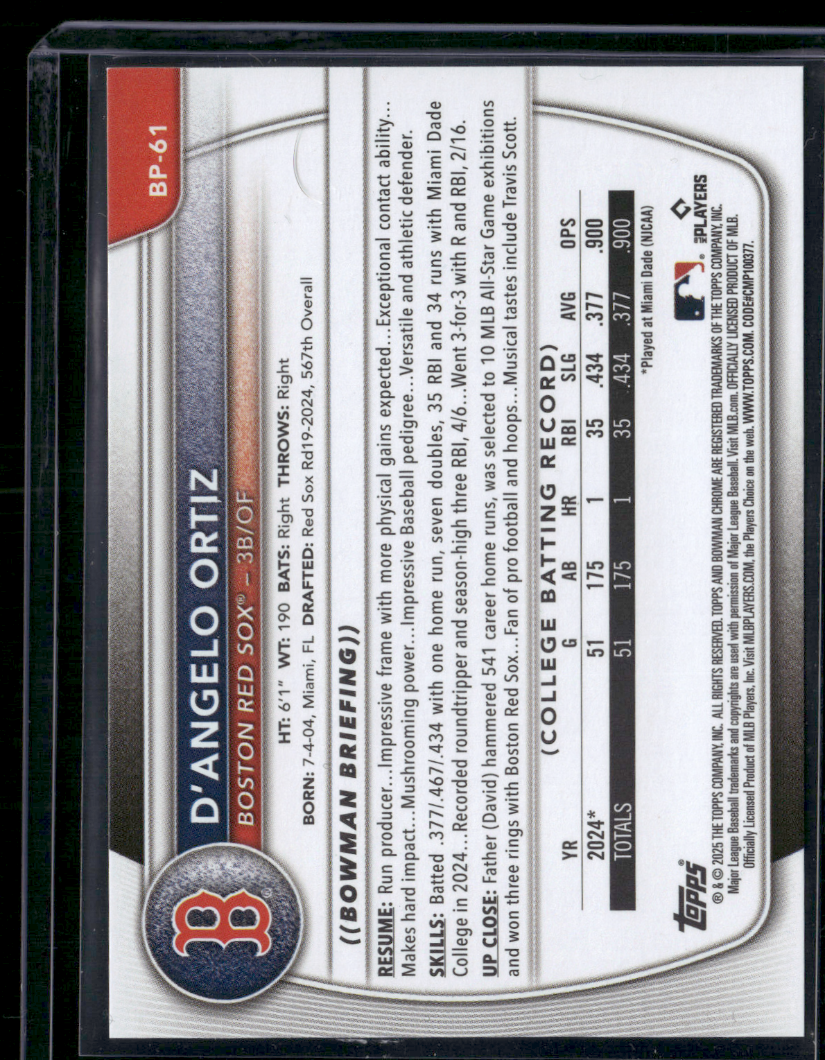 2025 Bowman D'ANGELO ORTIZ #BP-61 1st Bowman