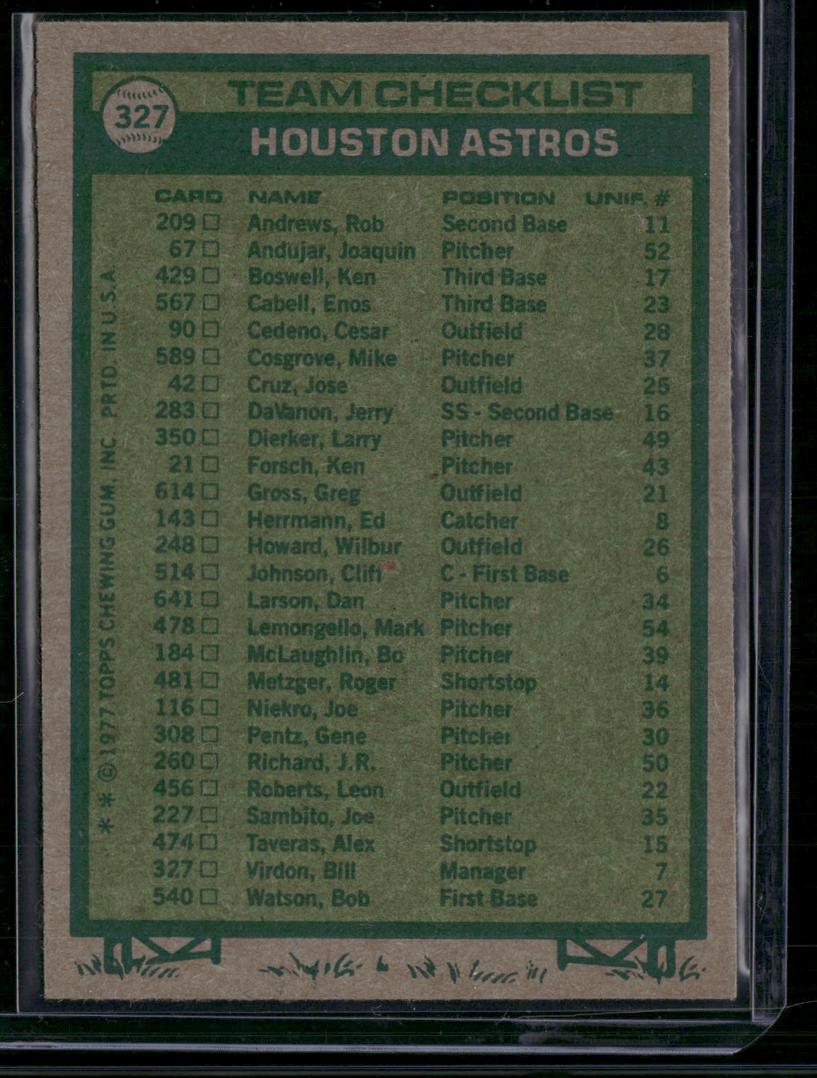 1977 Topps HOUSTON ASTROS #327 Miscut (EX)