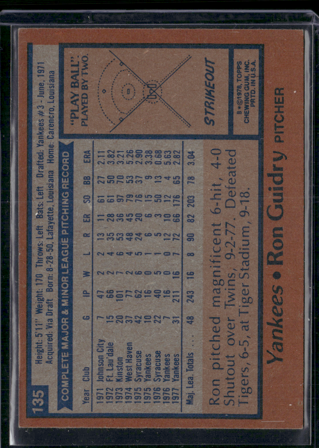1978 Topps RON GUIDRY #135 Slight Edge lift (VG-EX)