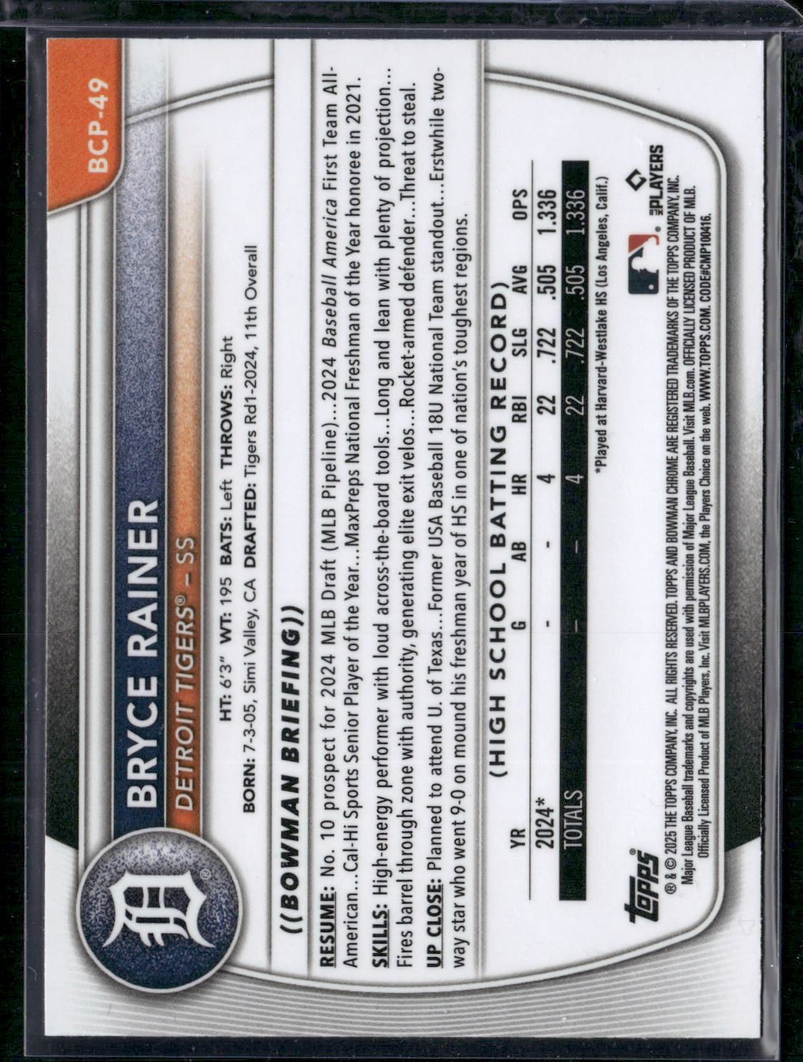 2025 Bowman BRYCE RAINER #BCP-49 Chrome