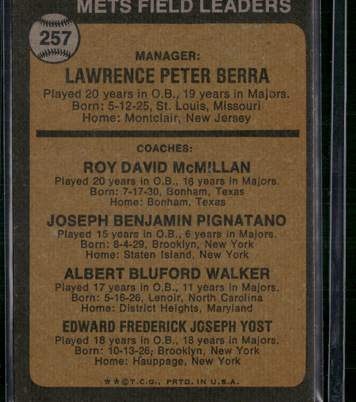 1973 Topps YOGI BERRA #257 Light Stain (VG/EX)