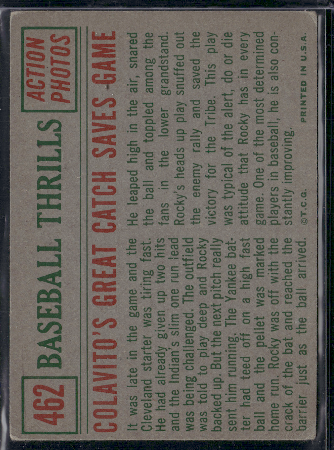 1959 Topps BASEBALL THRILLS COLAVITO'S GREAT CATCH SAVES GAME #462