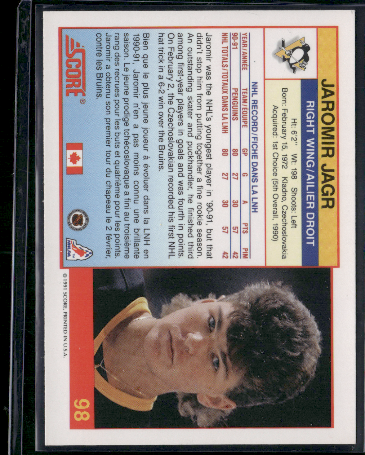 1991 Score JAROMIR JAGR #98 (EX)
