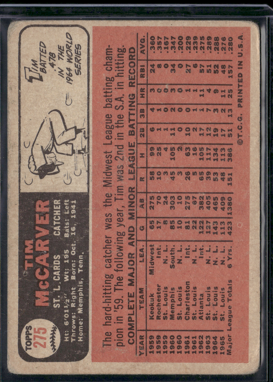 1966 Topps TIM MCCARVER #275 Toning Wrinkles (Good)