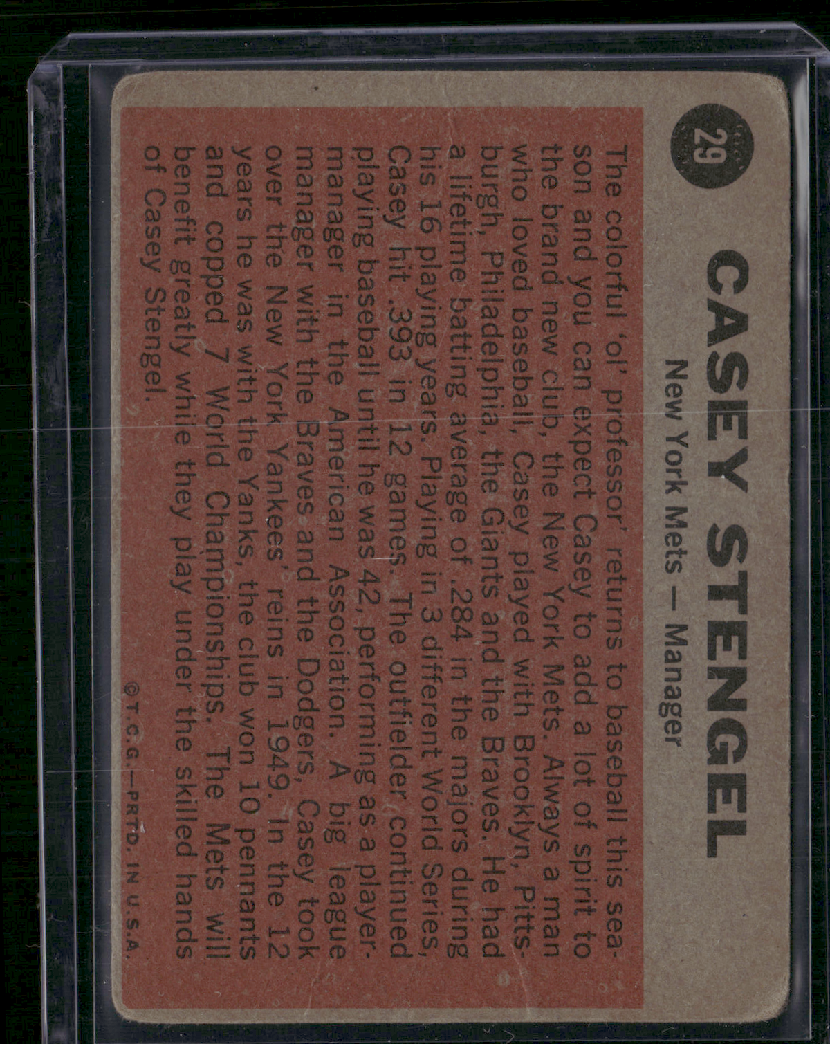 1962 Topps CASEY STENGEL #29 Toning (Good-VG)