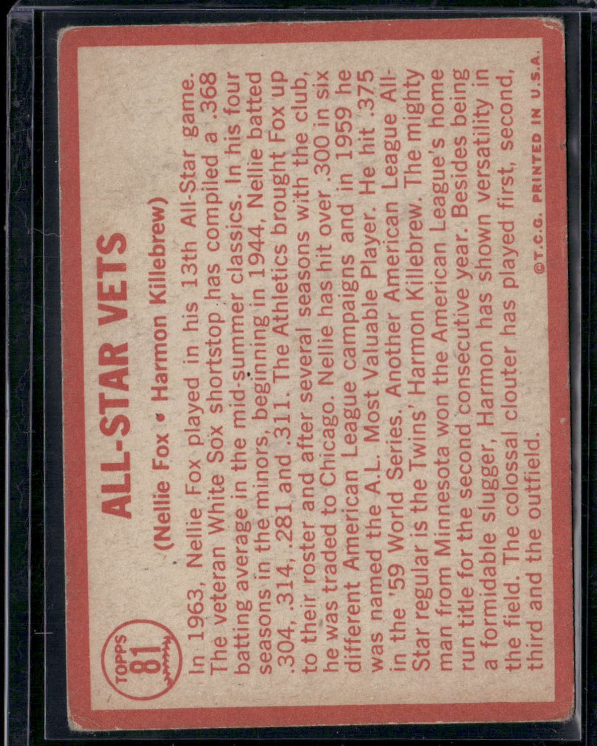 1964 Topps NELLIE FOX/HARMON KILLEBREW #81 All-Star Vets Light Scratching (Good)