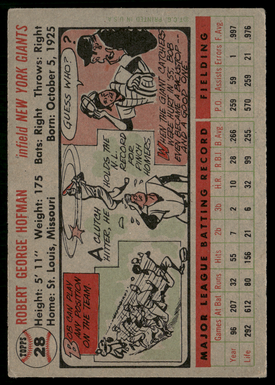 1956 Topps BOBBY HOFMAN #28 Light Wrinkle (VG-VG/EX)