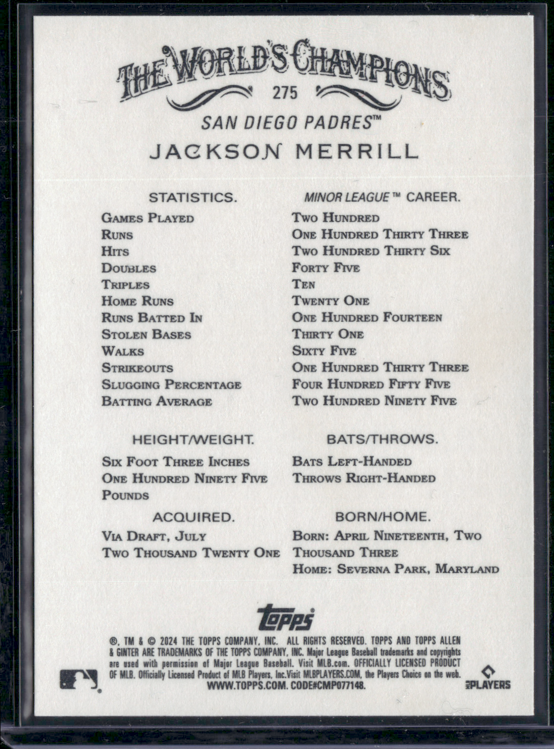 2024 Allen & Ginter JACKSON MERRILL #275 Rookie Card RC