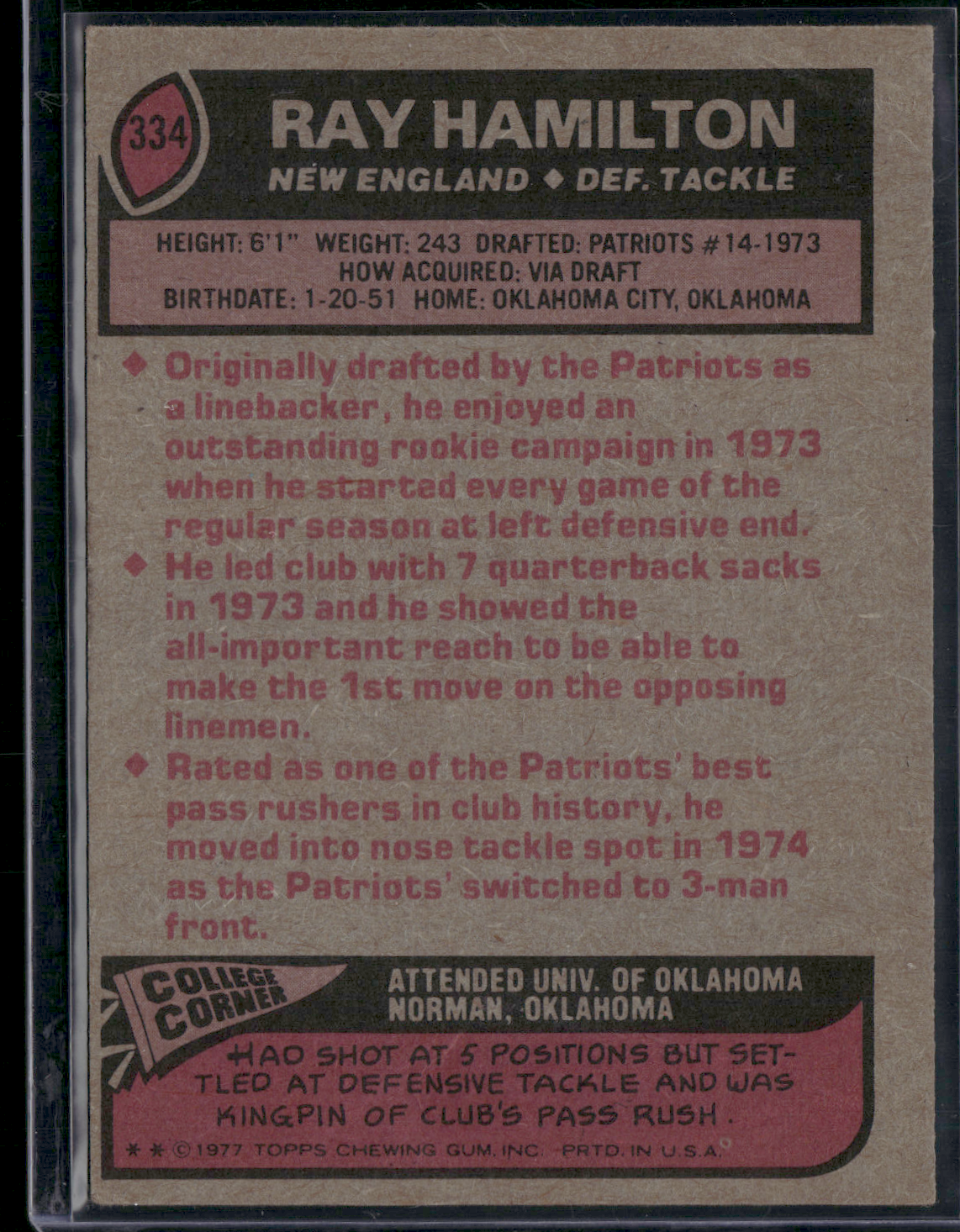 1977 Topps RAY HAMILTON #334