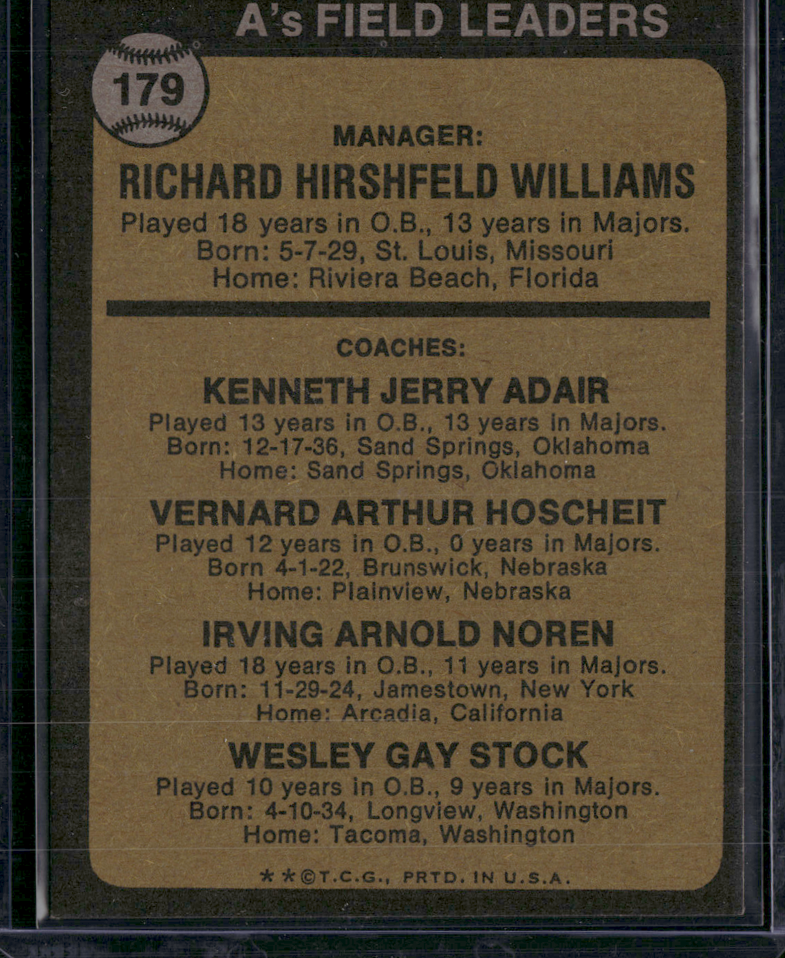1973 Topps DICK WILLIAMS #179 (EX-EX/MT)