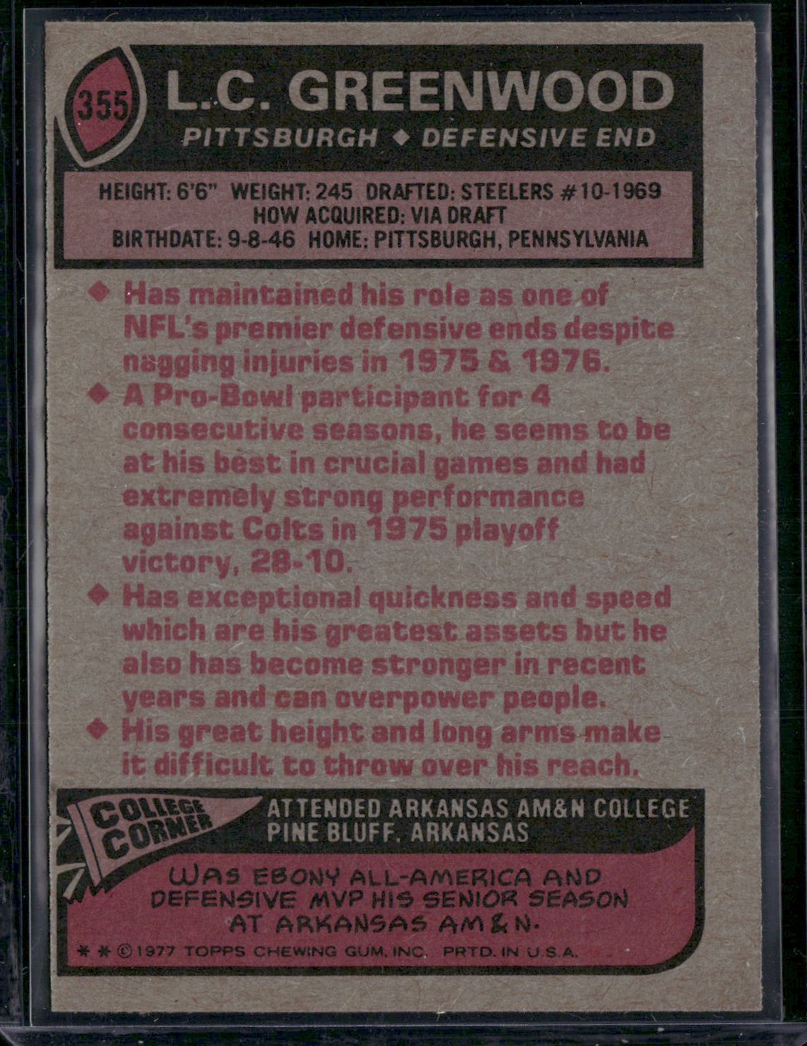 1977 Topps L.C. GREENWOOD #355 (EX/MT)