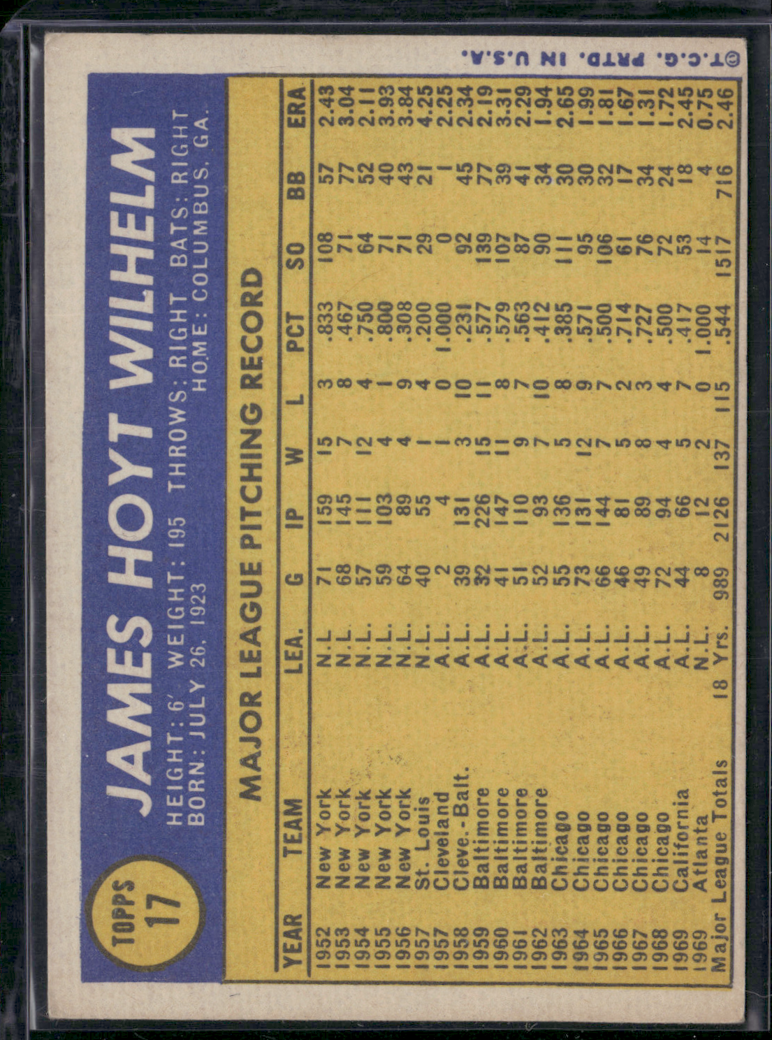 1970 Topps HOYT WILHELM #17 (VG/EX)