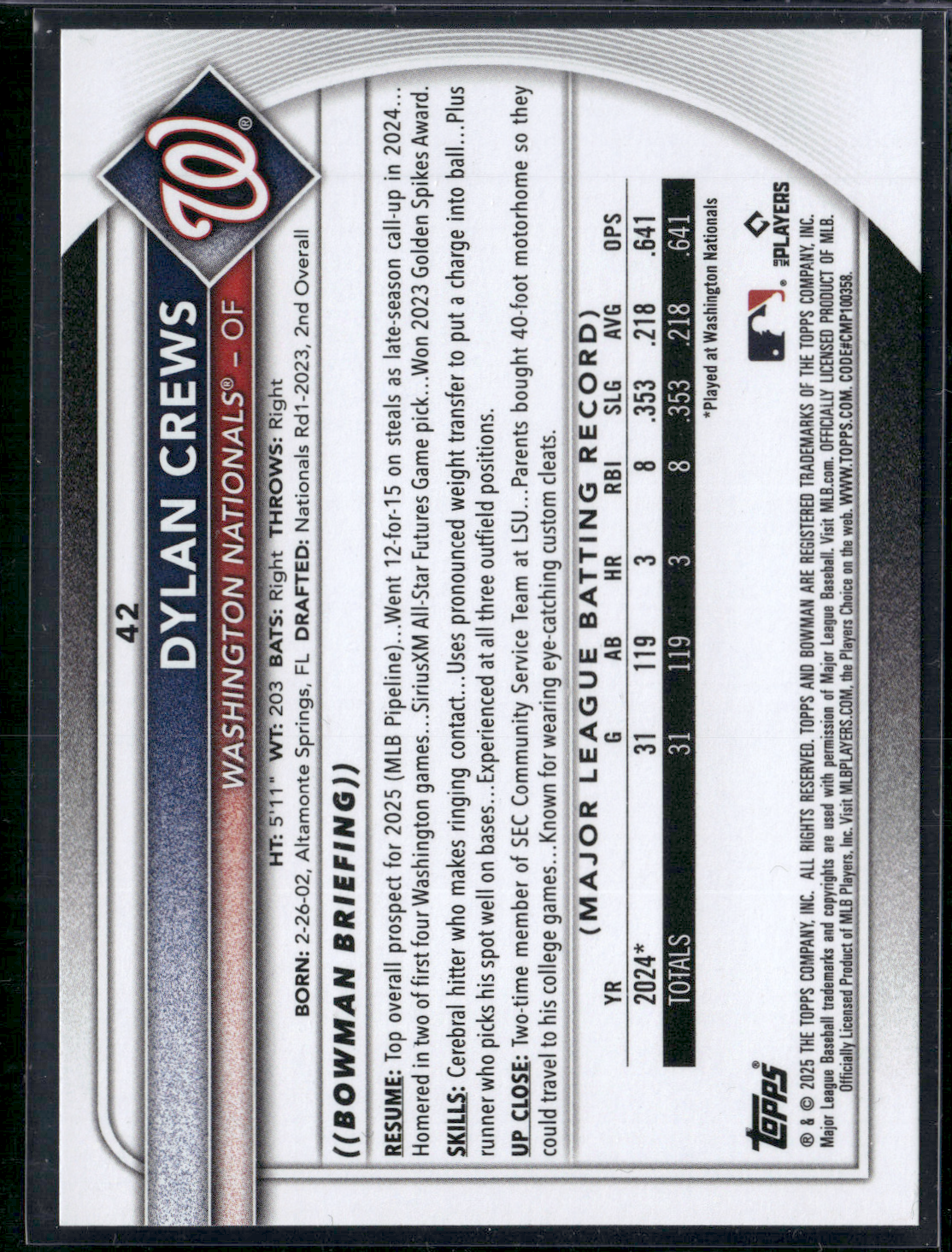 2025 Bowman DYLAN CREWS Rookie Card RC #42