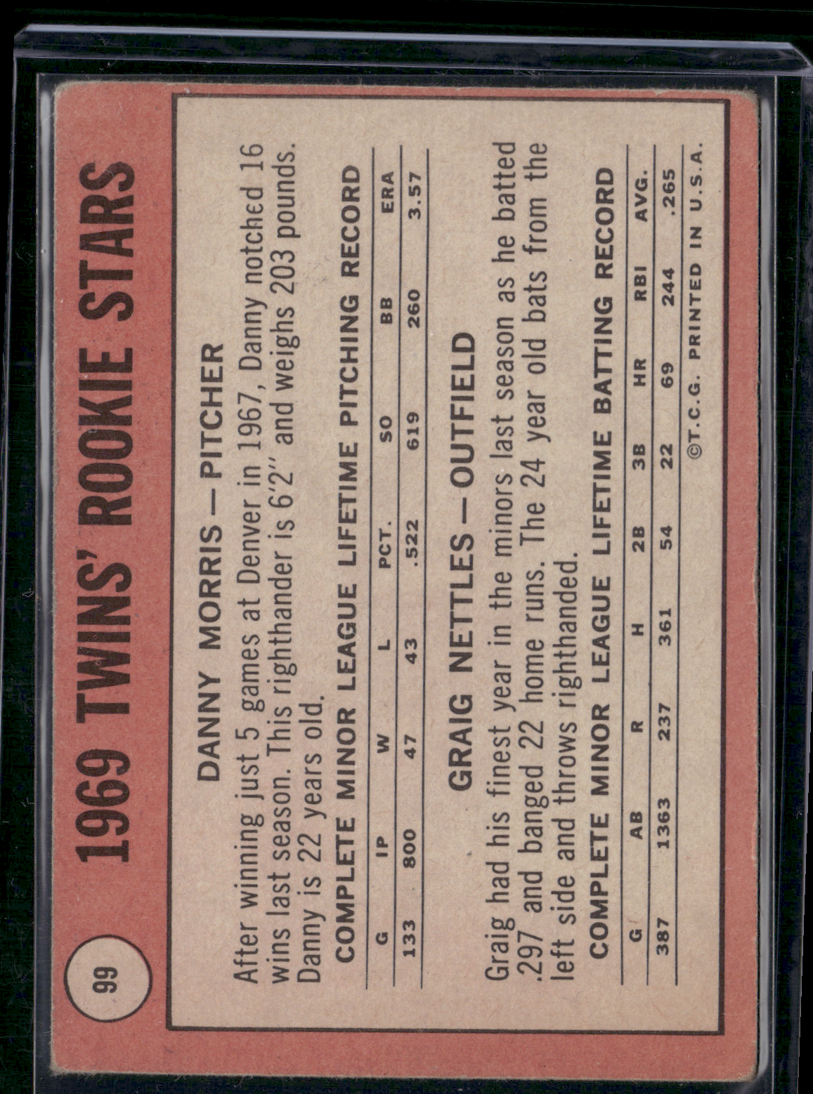 1969 Topps DANNY MORRIS/CRAIG NETTLES #99 TWINS ROOKIE STARS