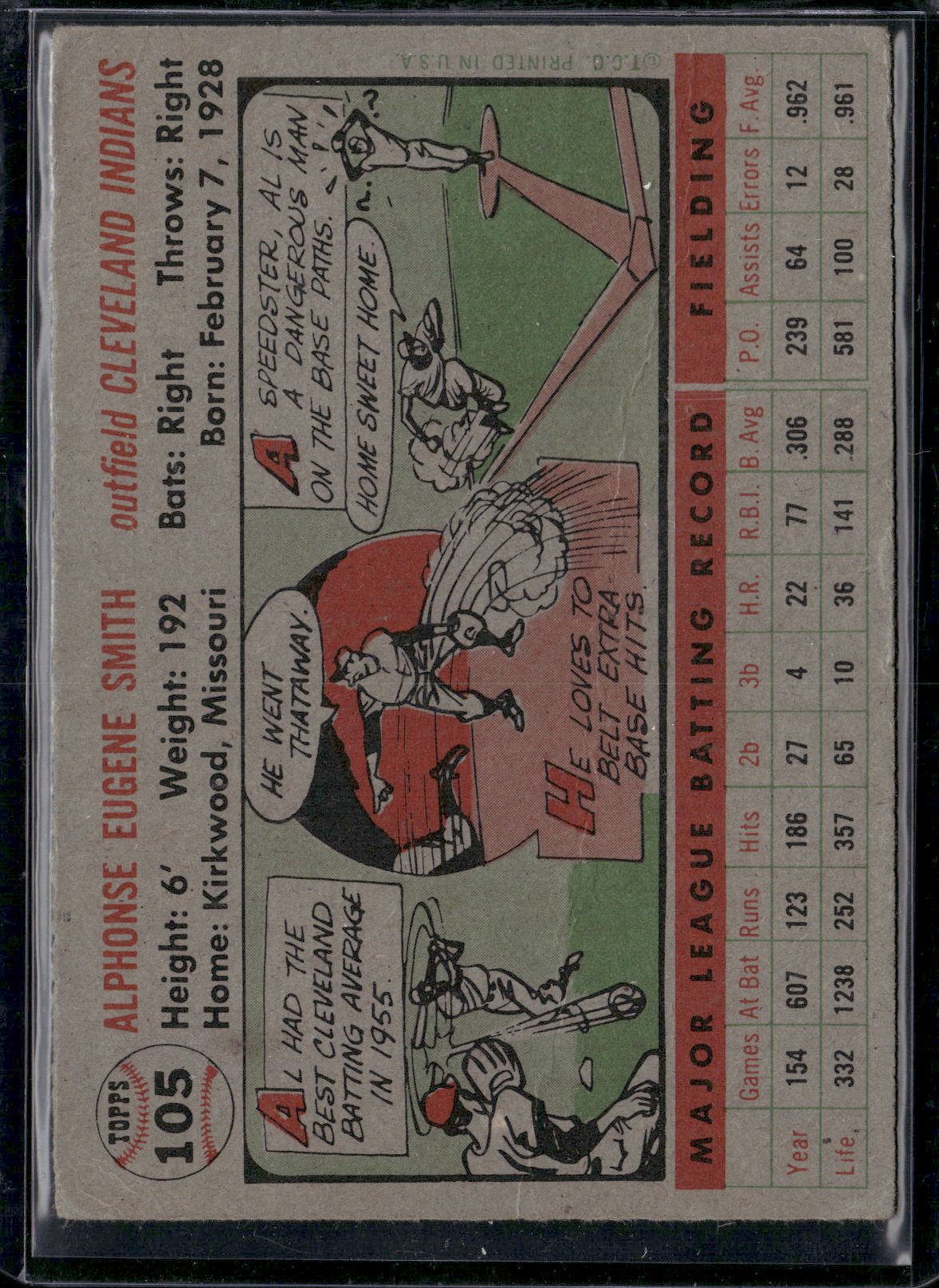 1956 Topps AL SMITH #105 Surface wear and wrinkling on back