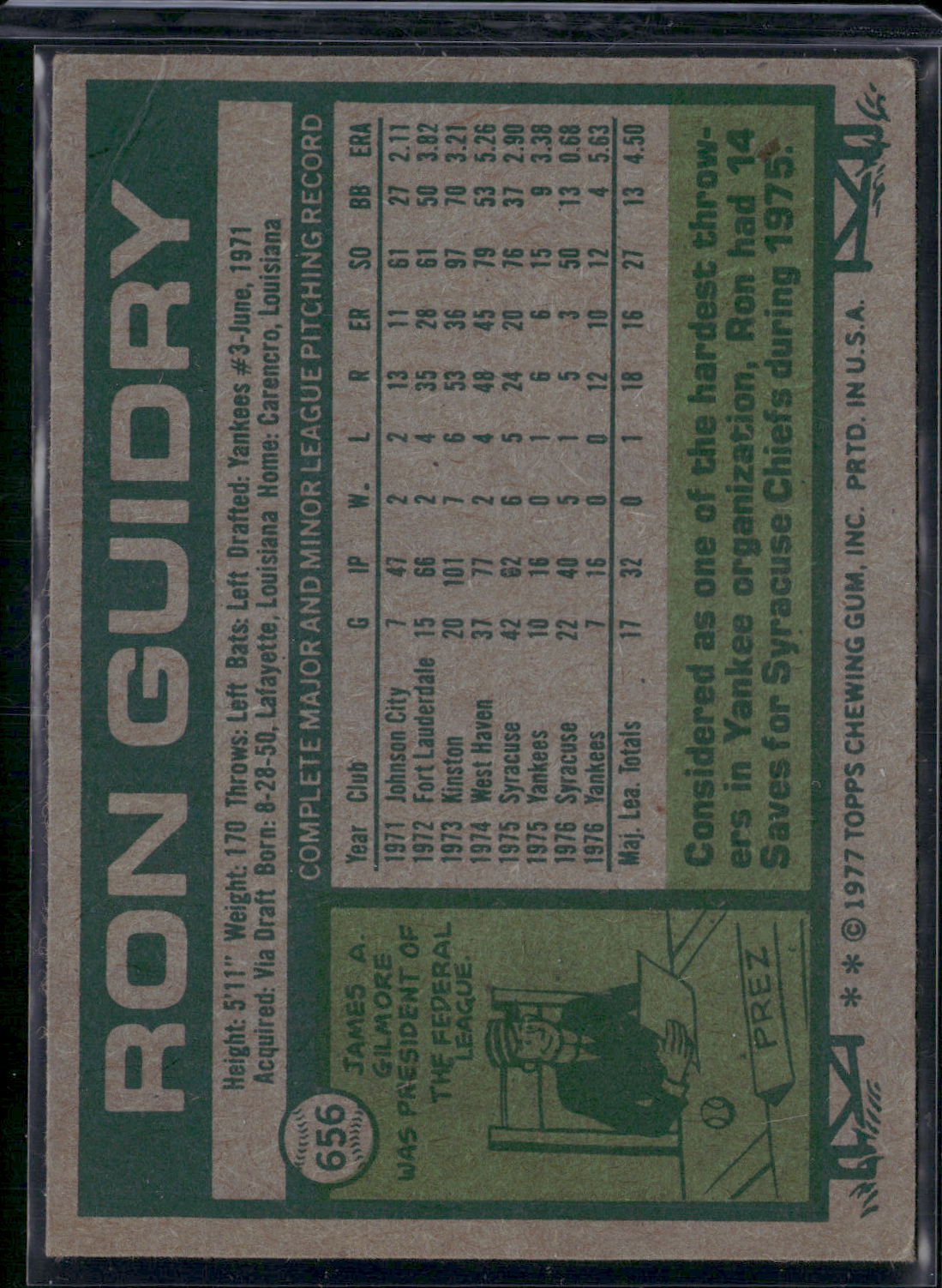 1977 Topps RON GUIDRY #656 Light Wrinkle on Corner (VG-VG/EX)
