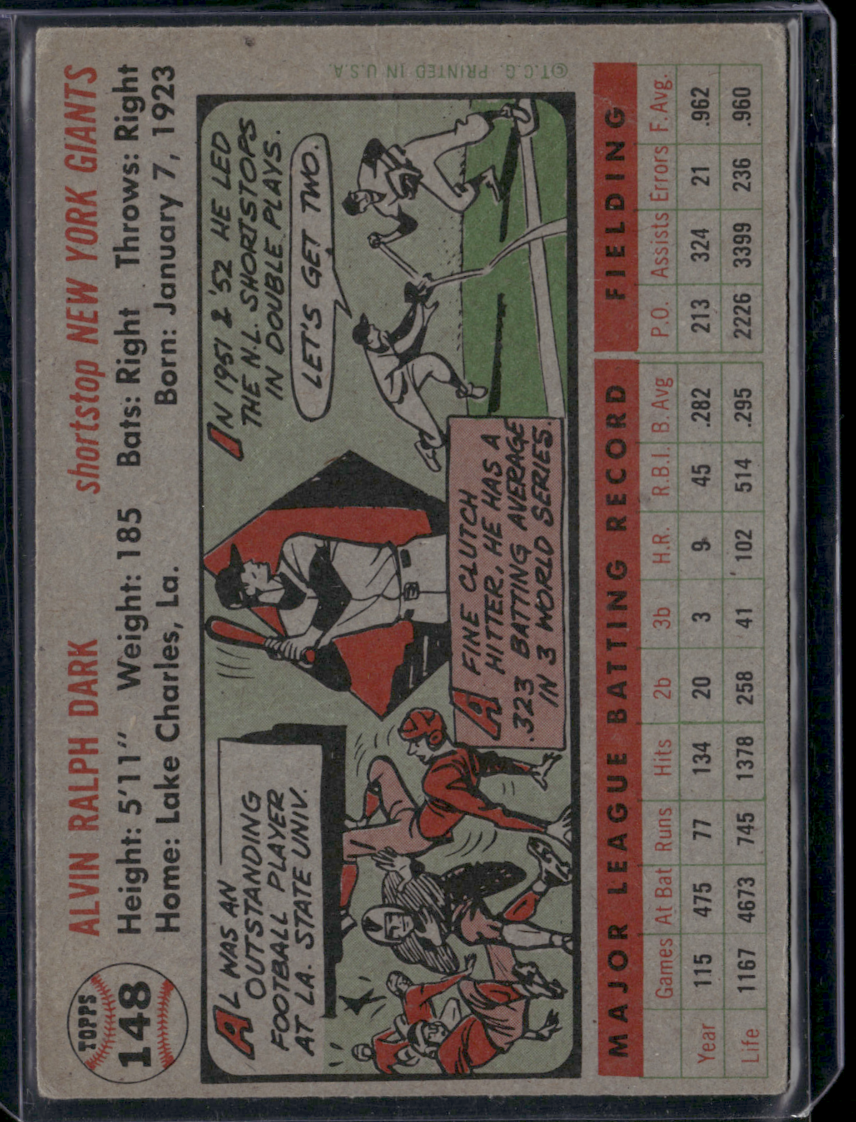 1956 Topps ALVIN DARK #148 Corner crease and wrinkling