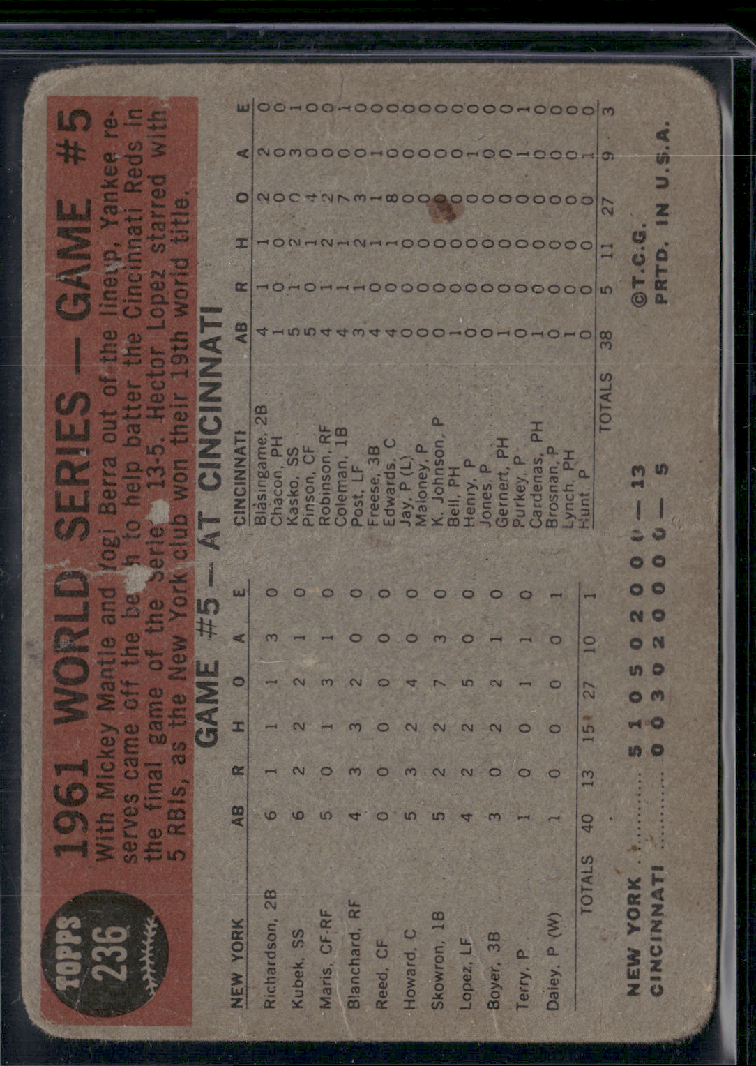 1962 Topps WORLD SERIES GAME #5 #236 Yanks Crush Reds In Finale (Fair)