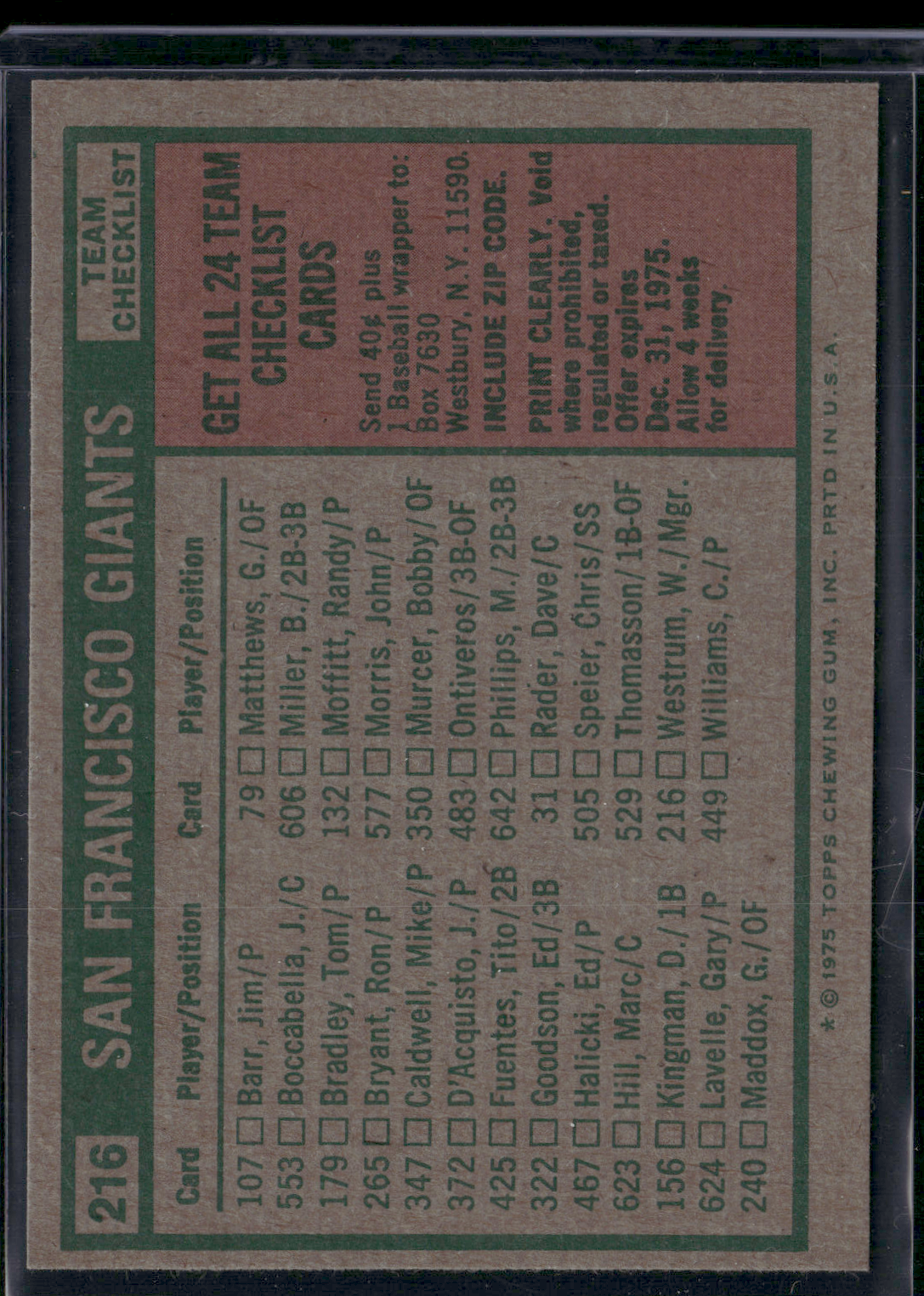 1975 Topps SAN FRANCISCO GIANTS #216 (EX-EX/MT)