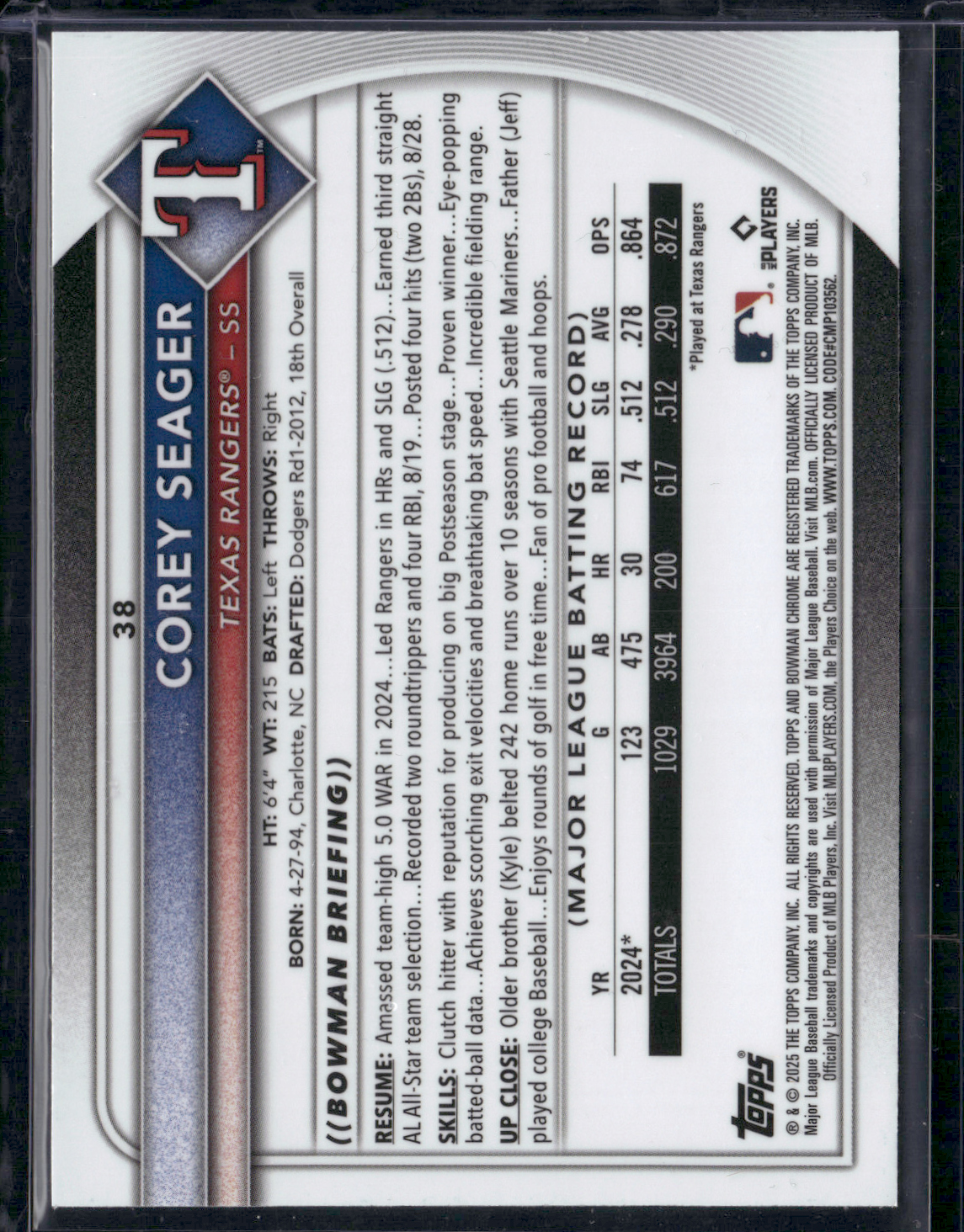 2025 Bowman COREY SEAGER #38 Chrome Mojo Refractor