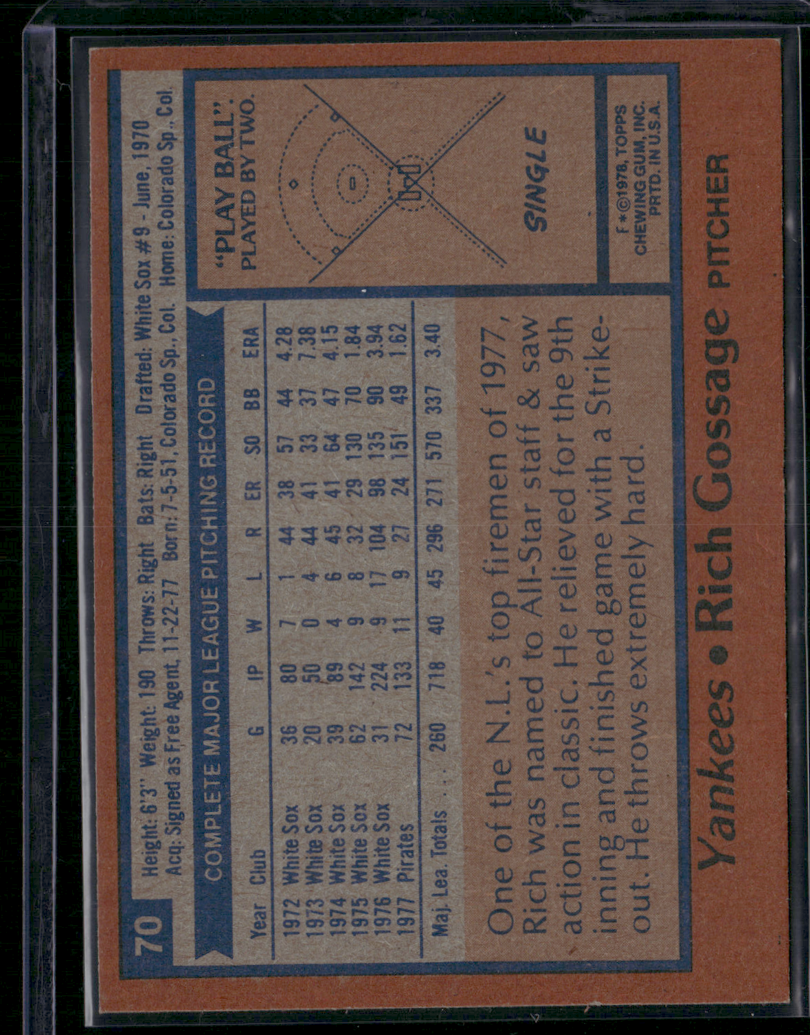 1978 Topps RICH GOSSAGE #70 (EX/MT)