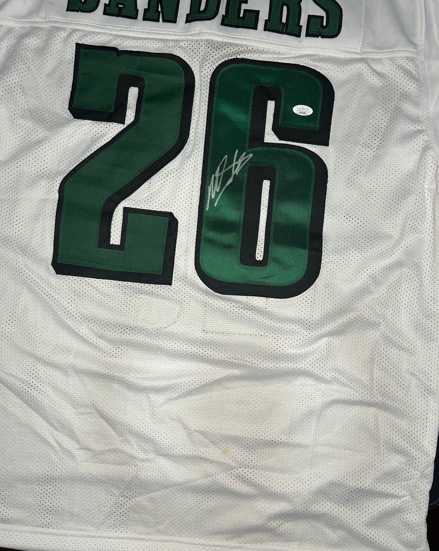 MILES SANDERS Signed Eagles Jersey–JSA COA–Custom White–Flawed | Priced to Move