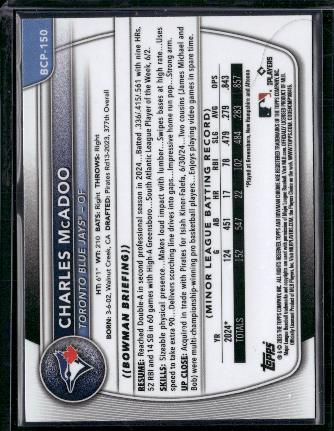 2025 Bowman CHARLES MCADOO #BCP-150 Chrome 1st Bowman