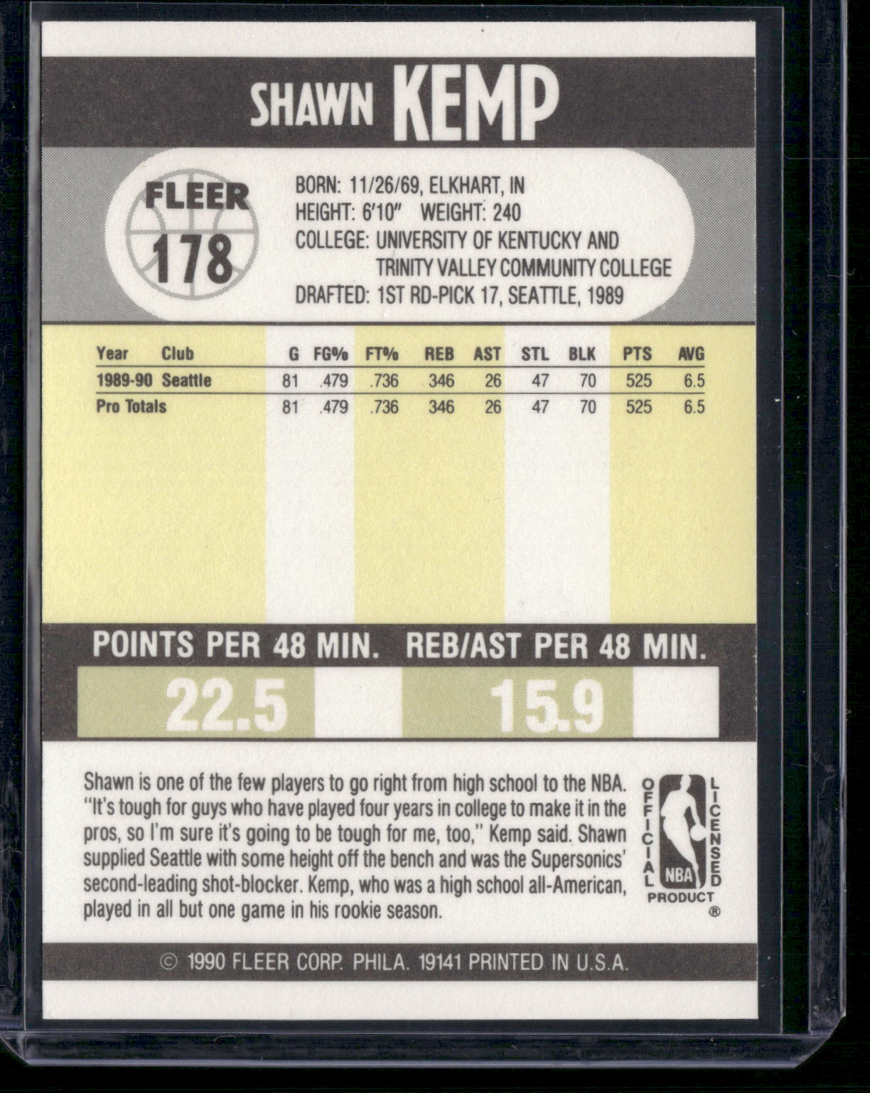 1990 Fleer SHAWN KEMP #178 Rookie RC (NM)