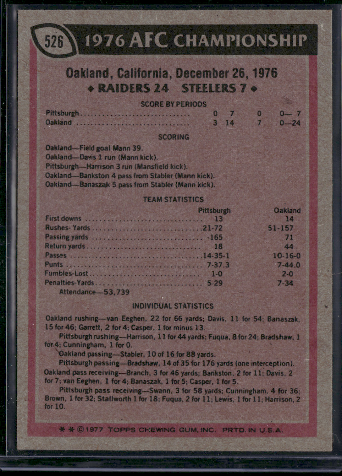 1977 Topps 1976 AFC CHAMPIONSHIP GAME #526 RAIDERS/STEELERS Grain Raise (EX)