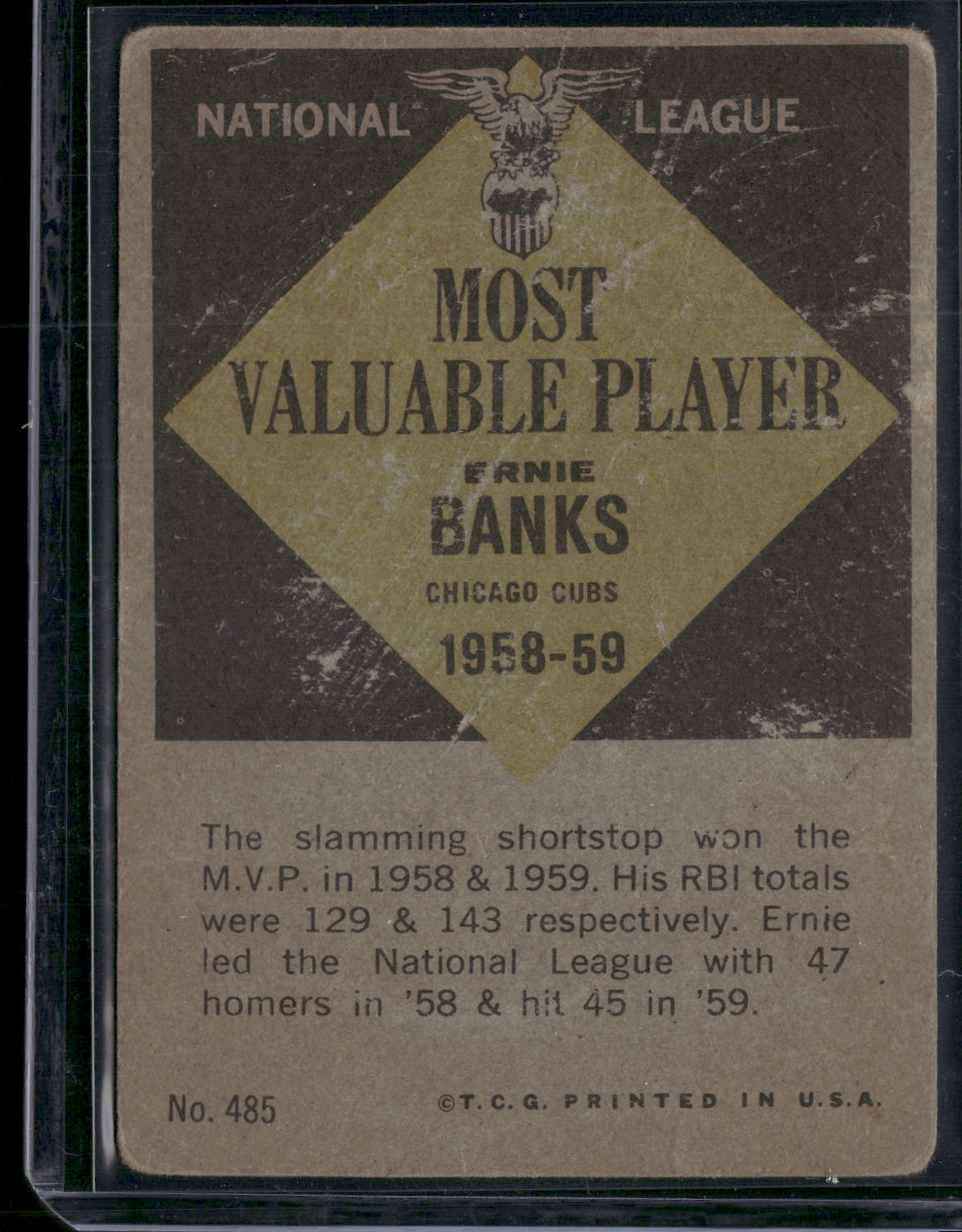 1961 Topps ERNIE BANKS #485 MVP 1958-1959 Toning Light Wrinkles (Good)