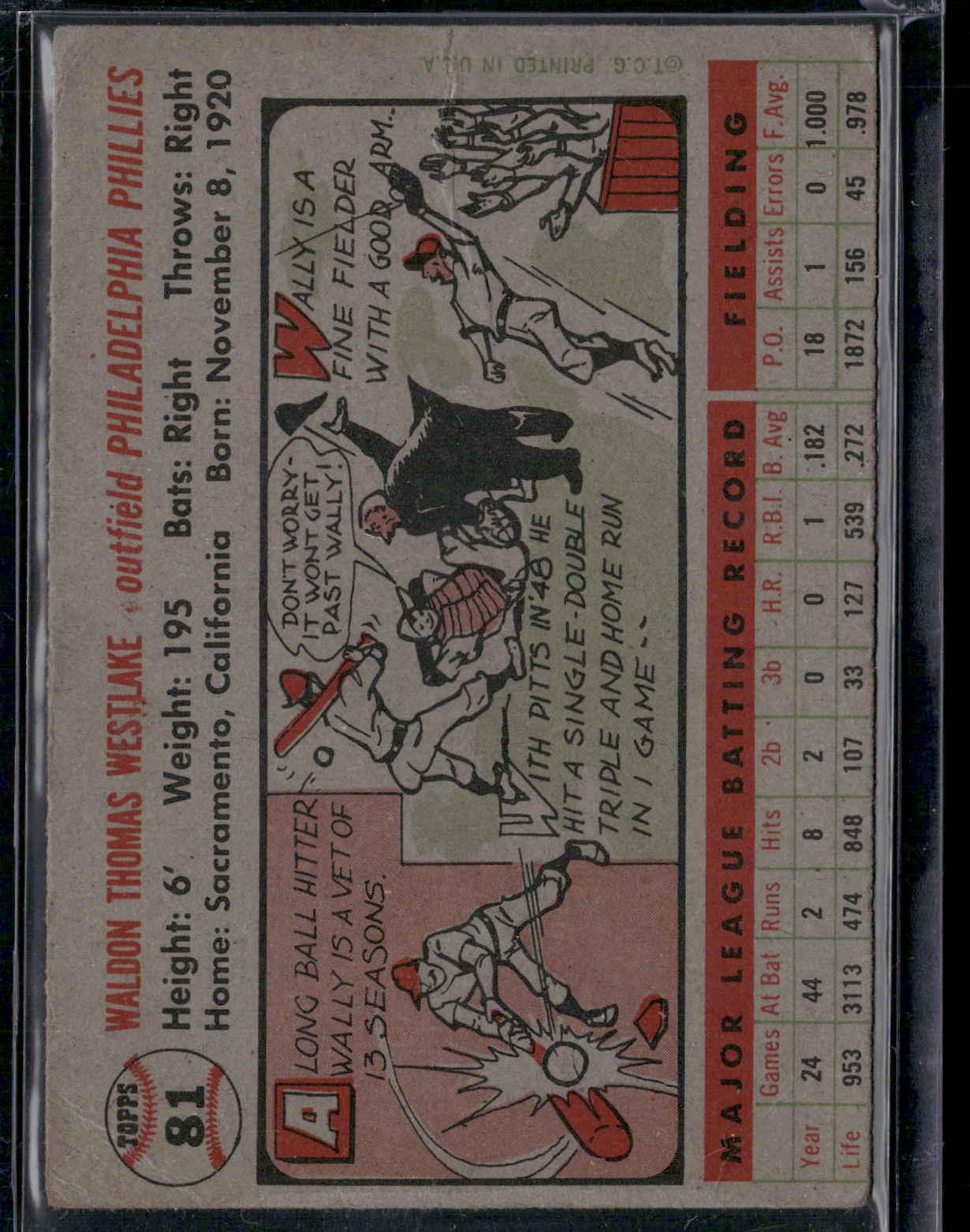 1956 Topps WALLY WESTLAKE #81 Surface Wrinkles