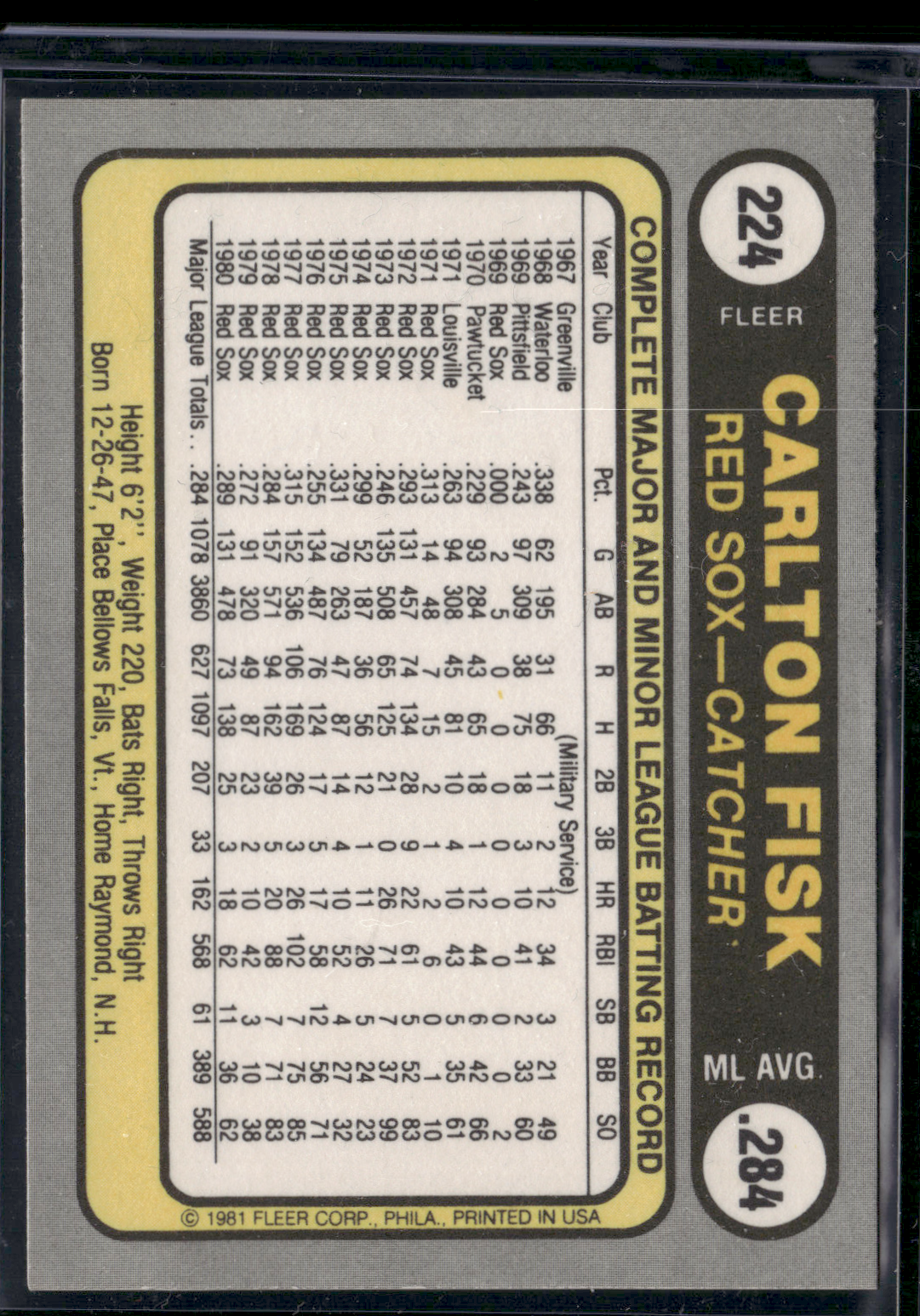 1981 Fleer CARLTON FISK #224 (NM)