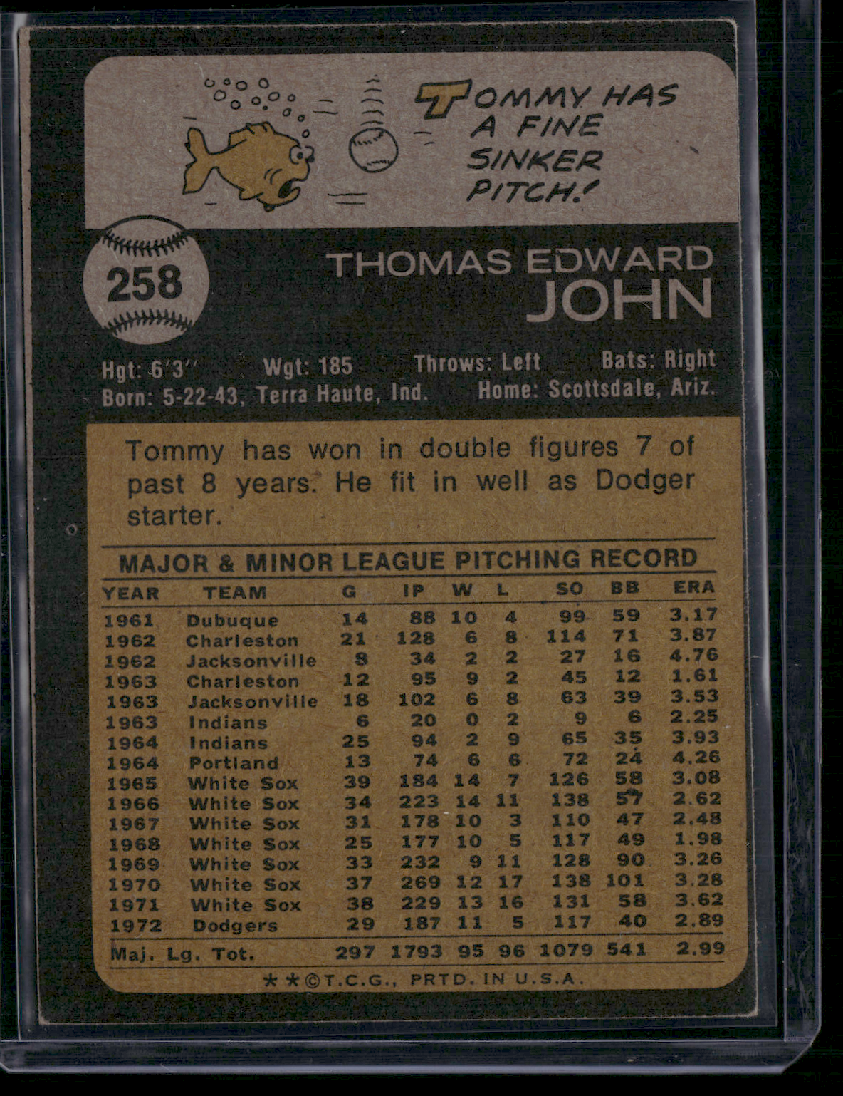 1973 Topps TOMMY JOHN #258 (VG)