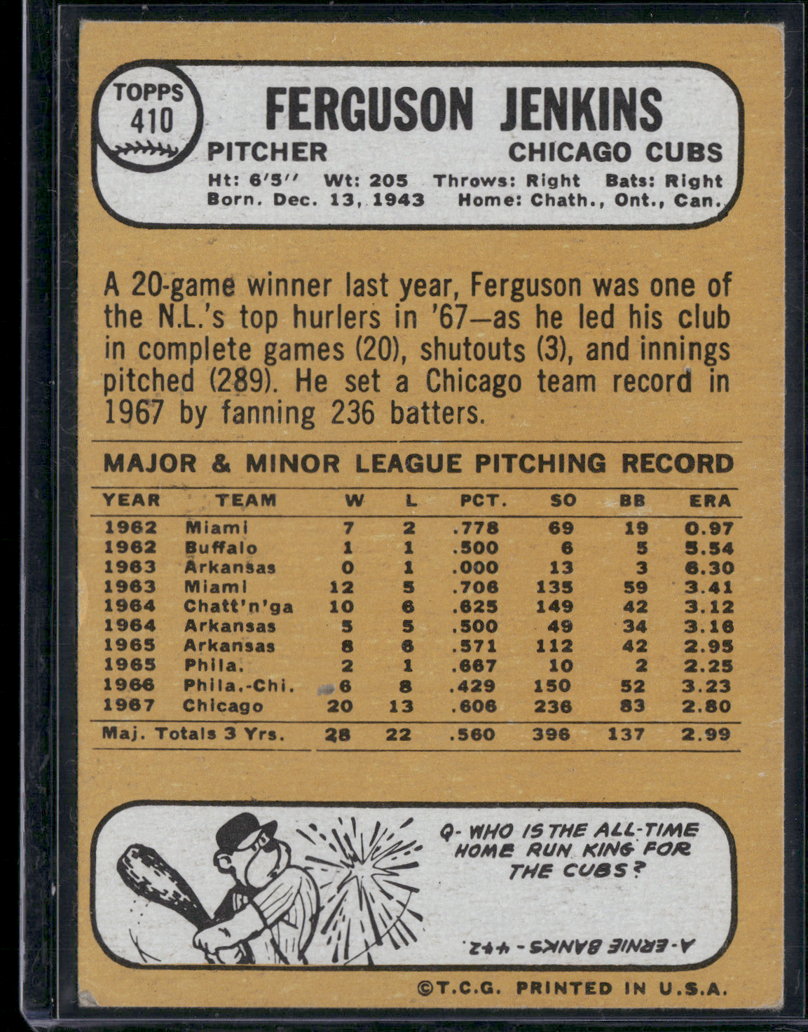 1968 Topps FERGUSON JENKINS #410 (VG/EX)