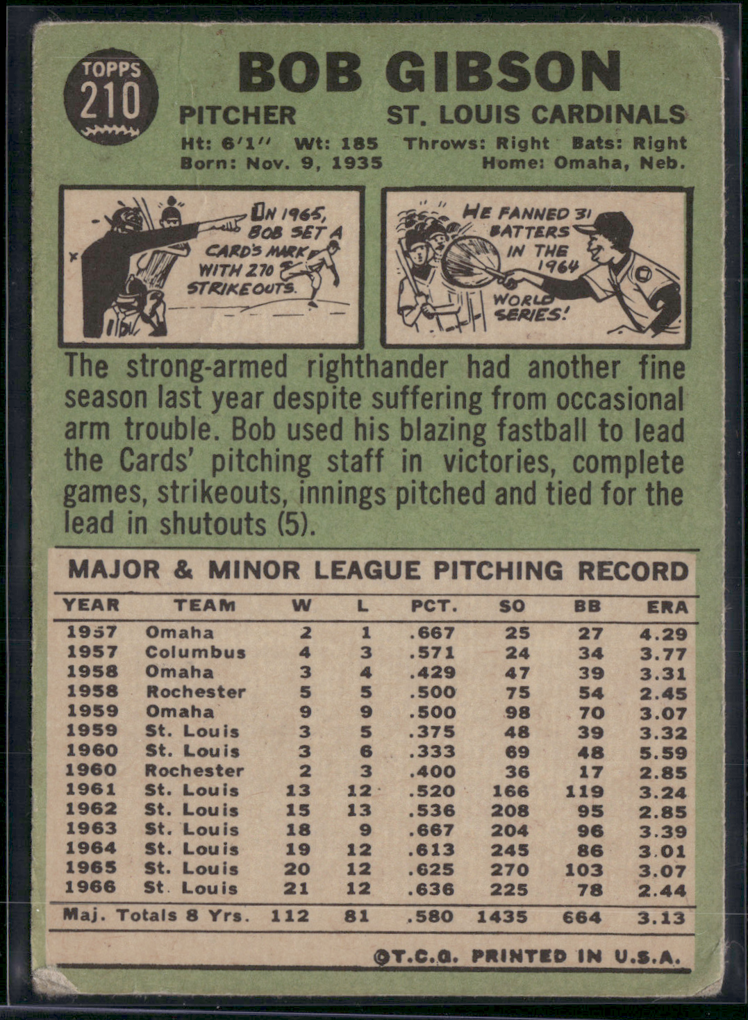 1967 Topps BOB GIBSON #210 Wrinkles Creases (Good)