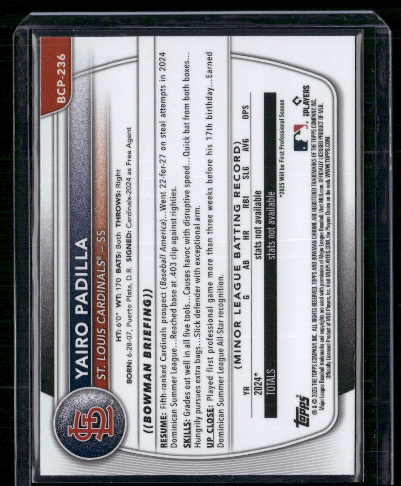 2025 Bowman Chrome YAIRO PADILLA #BCP-236 Mega 1st Bowman