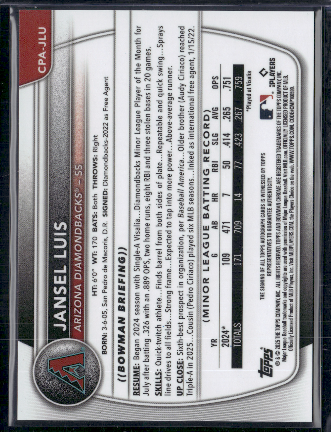 2025 Bowman JANSEL LUIS #CPA-JLU Auto 1st Bowman Chrome