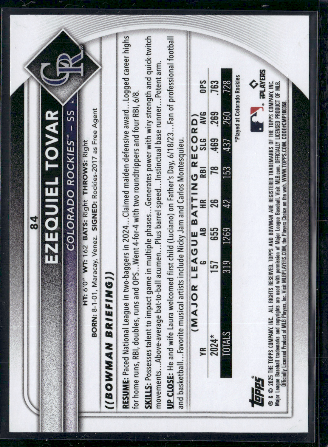 2025 Bowman EZEQUIEL TOVAR #84 Purple Paper Parallel 30/250