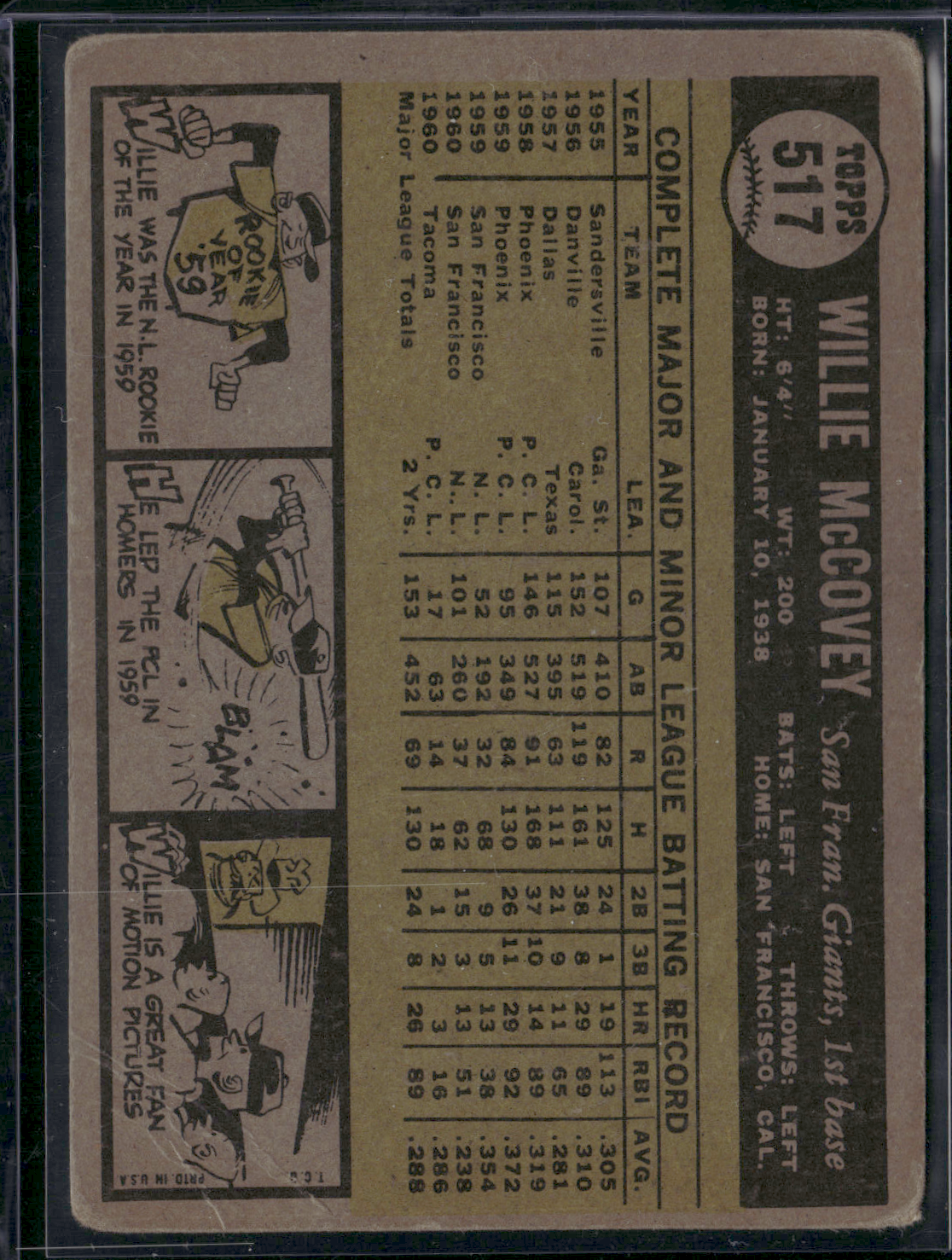 1961 Topps WILLIE MCCOVEY #517 Toning Wrinkle (VG)