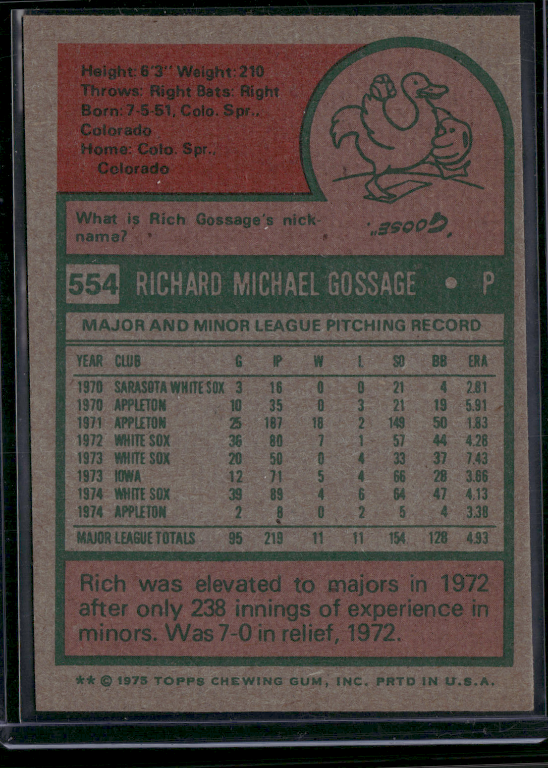 1975 Topps RICH GOSSAGE #554 Miscut (EX)